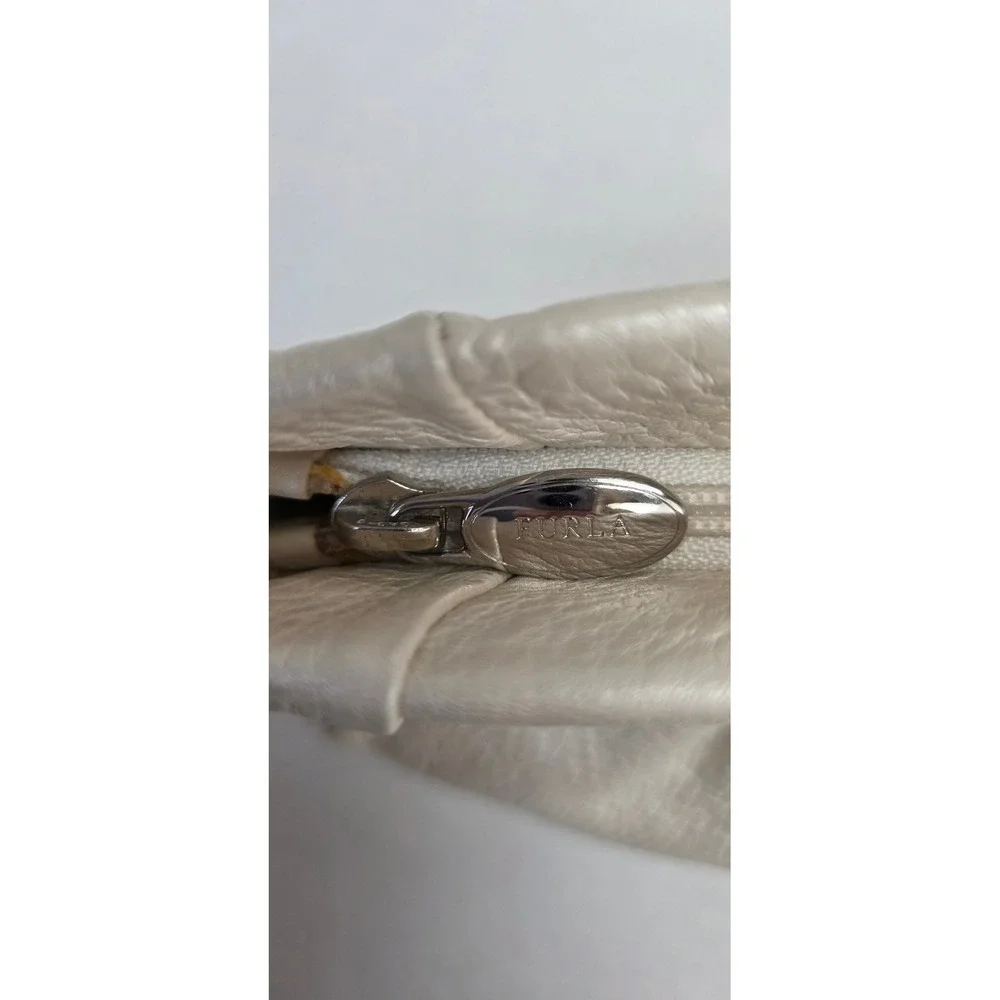 Furla Metallic Cream Pebbled Leather Pearl White Zip Top Clutch Bag